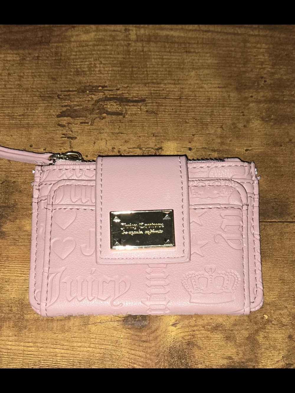 Juicy Couture Light Pink Embossed Leather Card Holder with Gold Plate